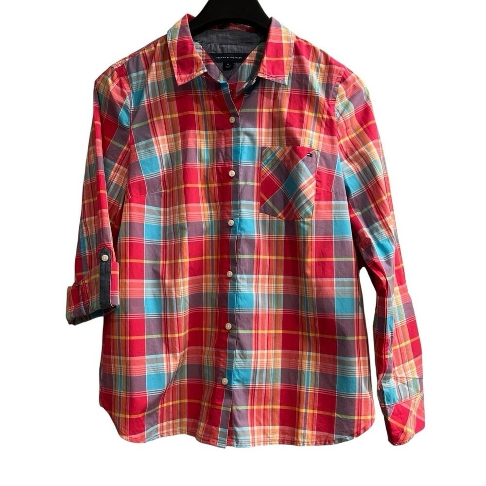 Tommy‎ Hilfiger Top Plaid Button Down Shirt Womens L Spring Cowgirl Rodeo Preppy